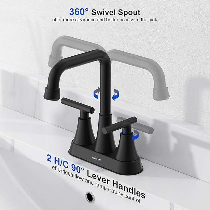 Matte Black Bathroom Sink Faucet, Hurran 4 inch Bathroom Faucets for Sink 3 Hole with Pop-up Drain and Supply Hoses, 360 Swivel Spout Centerset Faucet for Vanity RV Farmhouse, 2 Pack