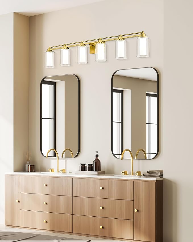 HWH Bathroom Vanity Light Fixtures 6-Light, Brushed Gold, 5HLT63B-6W-LED BG | Dimmable, 5CCT, 36W, Vanity Light Over Mirror, Brass Wall Vanity Lights, Bathroom Light, Metal Fixture Body, For Hallway