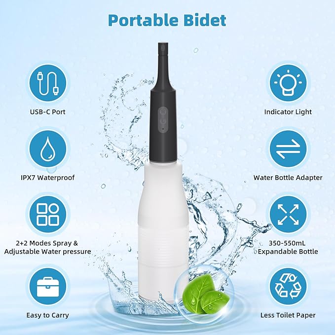 Hibbent Portable Bidet for Travel, High Pressure Electric Handheld Bidet Sprayer, 350-550ML Expandable Bottle for Personal Hygiene, USB-C Rechargeable Waterproof, Travel Sprayer for Women & Men, Black