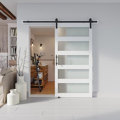 42'' x 84'' Glass Barn Door and 7Ft Hardware Kit Included, White | MDF White Barn Door Slab with Frosted Glass, PVC Surface, Combined with Handle and Floor Guide-Assembly Required