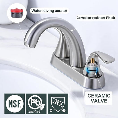Brushed Nickel Centerset Bathroom Faucet: ALEASHA 4 Inch Centerset Bathroom Faucet, 2-Handle Vanity Sink Faucet with Pop Up Drain Stopper, RV Lavatory Faucets for Washroom Sink