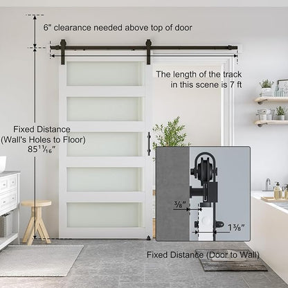 SMARTSTANDARD 42 x 84 in Glass Barn Door with 7FT Sliding Hardware Kit | Pre-Drilled Ready to Assemble, Waterproof PVC Coating, White, 5-Panel Glass