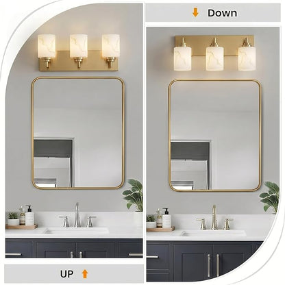 3-Light Bathroom Light Fixture, Gold Modern Vanity Light with White Marble Glass Shade, for Bathroom Mirror, Living Room, Bedroom, Hallway, E26 Base, Extended Base