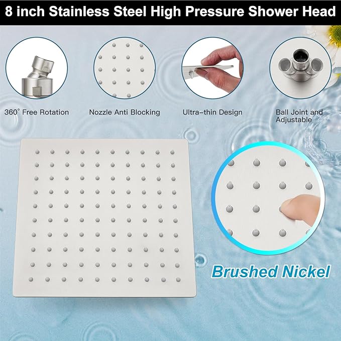 Midanya Shower Faucet Set,Wall Mount Shower System with Square Rain Shower Head and Hand Sprayer, Rough-in Valve Body and Trim Kit Included,8 Inch,Brushed Nickel