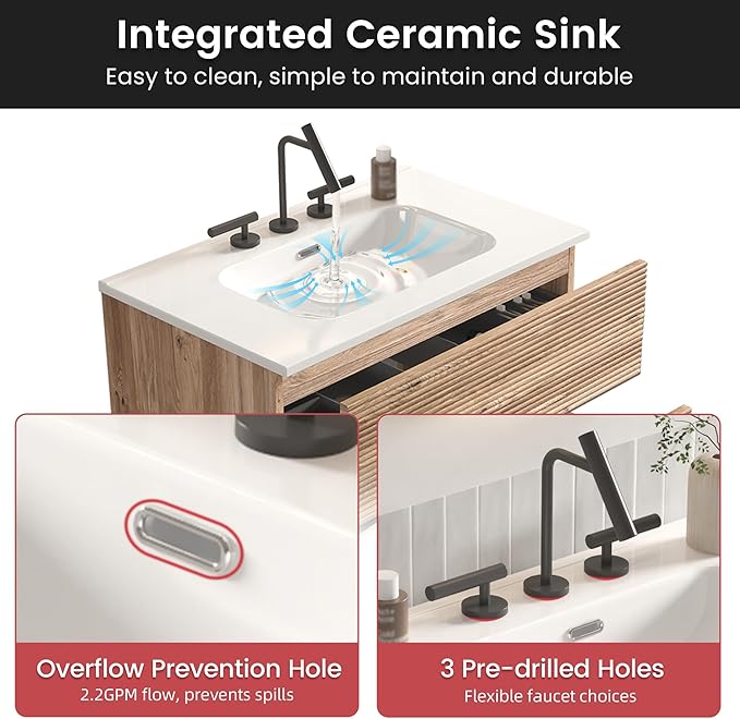 30" Floating Bathroom Vanity with Sink, Modern Wall Mounted Floating Vanity with Ceramic Sink, Double Soft-Close Drawers for Small Space, Apartment, Rough Oak