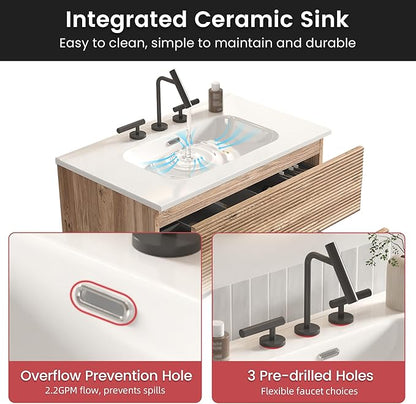 30" Floating Bathroom Vanity with Sink, Modern Wall Mounted Floating Vanity with Ceramic Sink, Double Soft-Close Drawers for Small Space, Apartment, Rough Oak