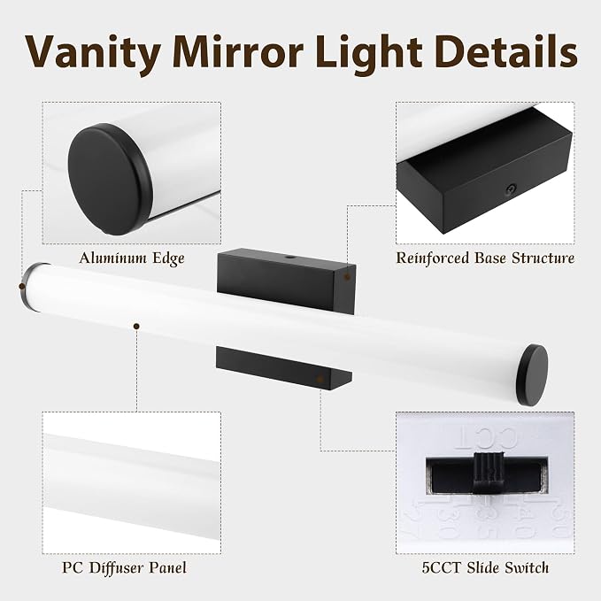 Bathroom Vanity Light 22IN 5CCT Dimmable Black Wall Light Over Mirror Bar