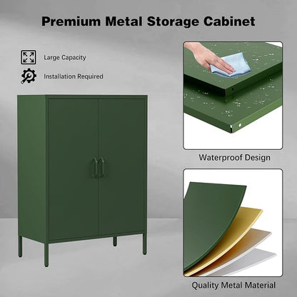 Bevivog Green Metal Locker Cabinet with 2 Doors, Metal Accent Cabinets with 2 Adjustable Shelves Home Office Storage Lockers Sideboard for Kitchen Living Room Hallway Entryway