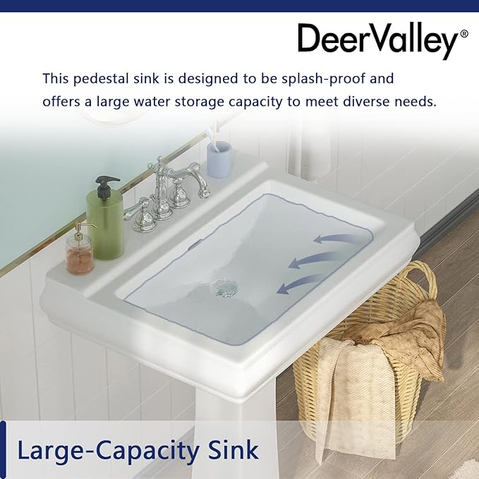 DeerValley 26"L X 20"W Rectangular Pedestal Sink, Apex White Ceramic Pedestal Bathroom Sink with 3 Faucet Holes at 4" Faucet Centers, with Overflow,DV-1P521