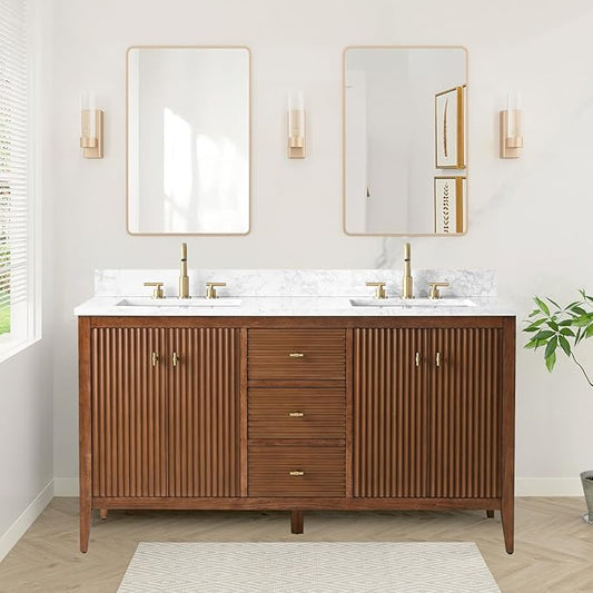 HOMEBEYOND 60" Bathroom Vanity with Double Sink, Solid Wood Bathroom Vanity Free-Standing Cabinet, Ceramic Top & Soft Closing Door, Golden Brushed Handware, Walnut