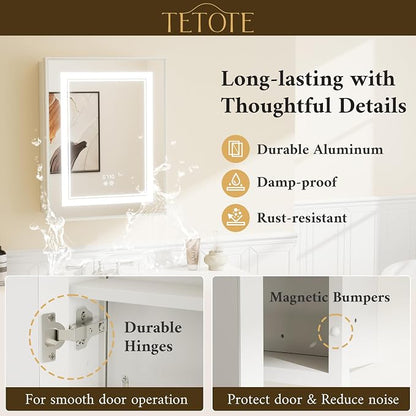 White Lighted Medicine Cabinet Mirror with Led Lights 30 x 26 Wall Mount or Recessed Bathroom Cabinet with Storage, 2 Door Tempered Glass Led Vanity Cabinet, 2 Outlets, 3-Color Dimming, Defog
