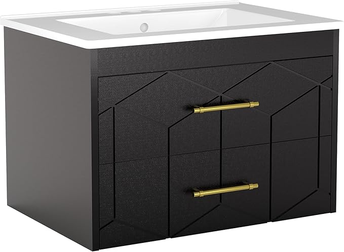 Garvee 30" Bathroom Vanity with Sink, Floating Bathroom Vanity with Ceramic Basin, 2 Large Storage Drawers with Gold Metal Handle, Modern Wall Mounted Bathroom Cabinet with Sink, Black
