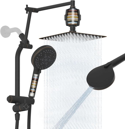 10" Metal Rain Filtered Shower Head with Handheld, 10 Modes, Easy Reach | Oil Rubbed Bronze, High-Pressure Rainfall Showerhead, 4-Way Diverter Pause Mode, 16" Extension Arm, 20-Stage Shower Filter
