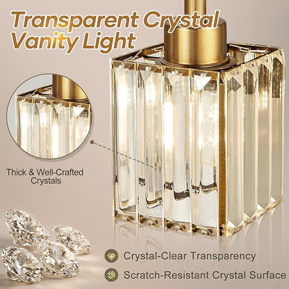 Torondo Modern Crystal Bathroom Vanity Light 4-Lights Brushed Gold Bathroom Light Fixtures Over Mirror Brushed Gold Vanity Lighting Fixtures Square Shade Brass Wall Sconce (Bulbs Not Include)