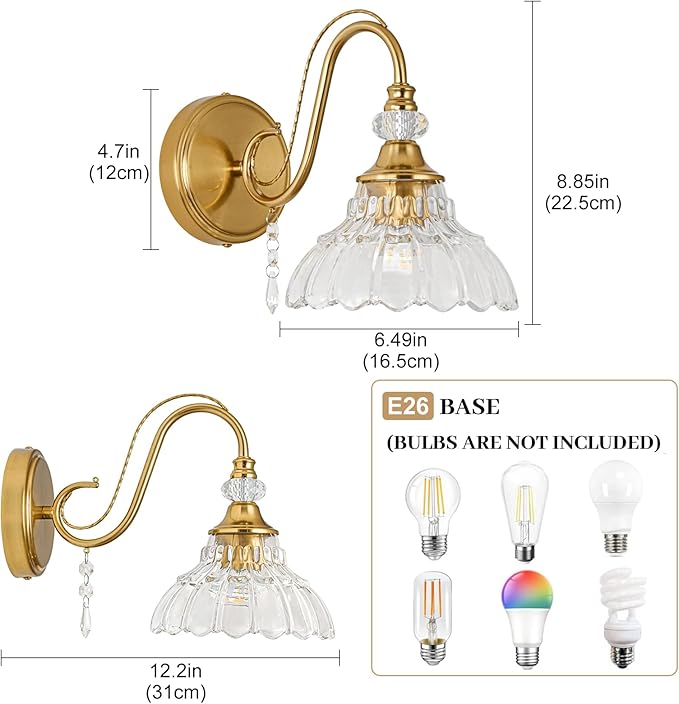 1 Piece Vintage Wall Sconce, 1-Light Brushed Gold Finish Wall Sconce with Hanging Crystal Accents and Flower-Shaped Amber Shades for Bathroom Bedroom Living Room,Vintage Vanity Light