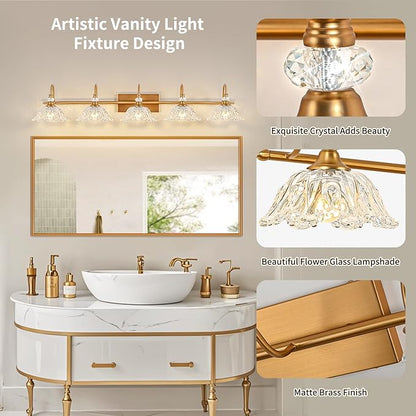 Vintage Bathroom Vanity Light, 5-Light Matte Brass Finish Vanity Light with Floral Clear Glass Shades, Retro Wall Mount Lighting for Bathroom, Dressing Table