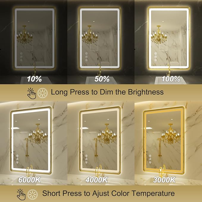 24''x36'' Gold Framed LED Bathroom Mirror with Lights, Built-in Bluetooth Speaker, Dimmable Lighted Bathroom Vanity Mirror with 3 Colors, Backlit + Frontlit, Memory Function, Anti-Fog