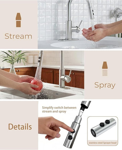 Fransiton Bathroom Faucets, Bar Sink Faucet Single Hole for Bathroom Kitchen Campers with Deck Plate Outdoor Faucet Vessel Farmhouse Vanity Lavatory (Brushed Nickel - Pull Sprayer - A)