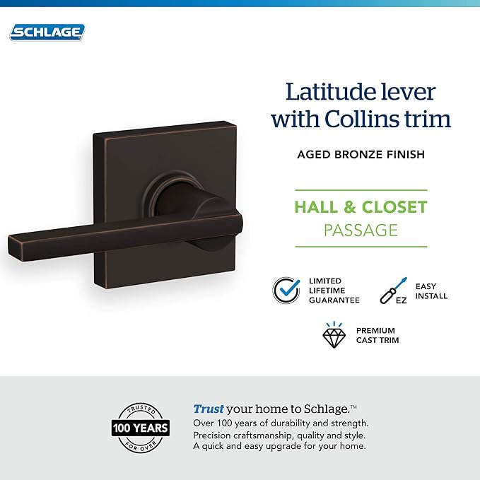 Schlage F10 LAT 716 COL Latitude Lever with Collins Trim Hall & Closet Passage Door Lock, Aged Bronze