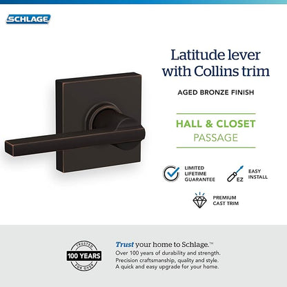 Schlage F10 LAT 716 COL Latitude Lever with Collins Trim Hall & Closet Passage Door Lock, Aged Bronze