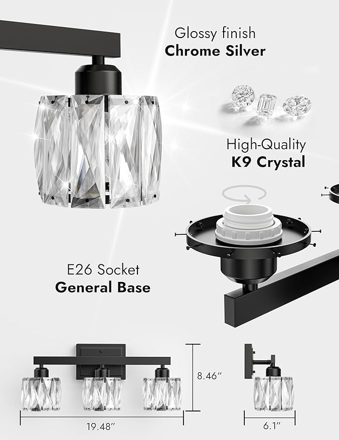 VOLISUN Crystal Vanity Lights for Bathroom, 3 Light Bathroom Vanity Light, Modern Matte Black Bathrooms Light Over Mirror, Black Bathrooms Lights Fixtures-UL Certificated(Exclude Bulb)