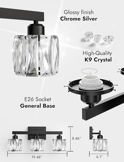 VOLISUN Crystal Vanity Lights for Bathroom, 3 Light Bathroom Vanity Light, Modern Matte Black Bathrooms Light Over Mirror, Black Bathrooms Lights Fixtures-UL Certificated(Exclude Bulb)