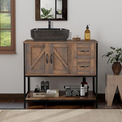 YOURLITE Bathroom Vanity, 36" Rustic Brown Bathroom Vanity with Sink Combo,Faucet,Pop up Drain Set,Farmhouse Modern Cabinet with Black Art Ceramic Vessel Sink