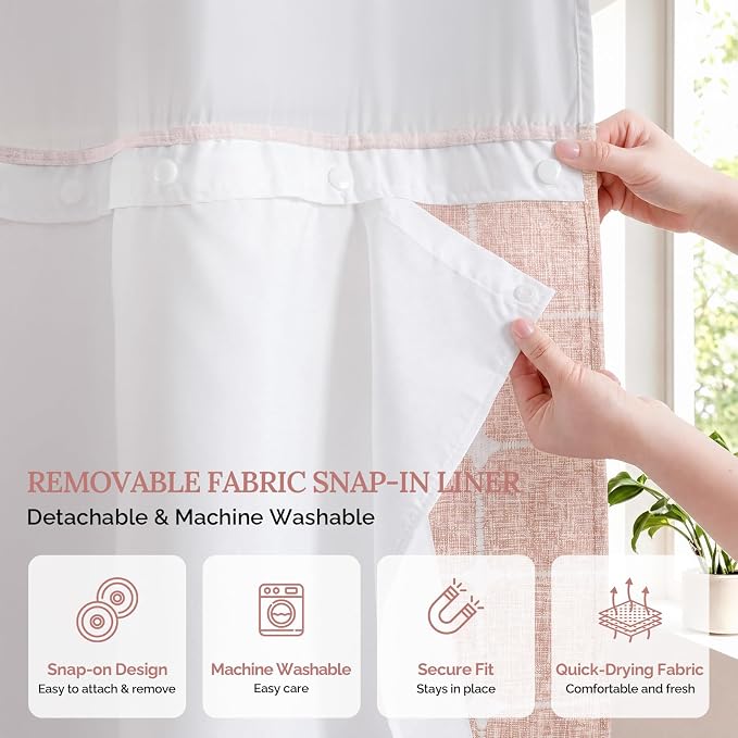 River Dream Farmhouse No Hooks Shower Curtain with Snap-in Liner,Pink,71x74 | Snap on Fabric Liner,Heavy Duty,Quick Dry,Mesh Top Window,With Bottom Magnets,Washable,with Tassels,Standard Size