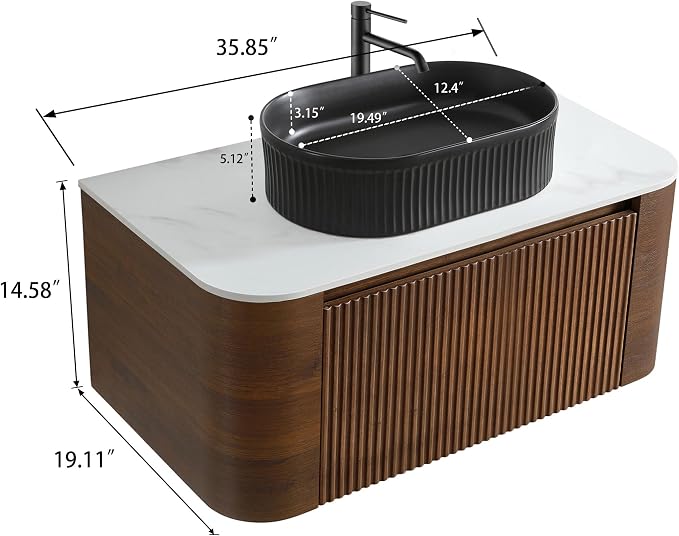 36" Preassembled Floating Bathroom Vanity with Black Sink, Walnut | Mid-Century Modern Style, Fluted & Soft-Close Drawer with U-shaped Wall, Sinterted Stone Countertop, Towel Rack Included
