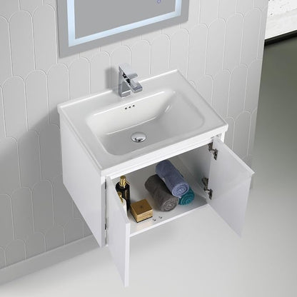 Blossom 24 Inch Glossy White Plywood Floating Bathroom Vanity with Ceramic Sink, Preassembled Wall Mounted Small Bathroom Vanity Cabinet with Soft Close Doors