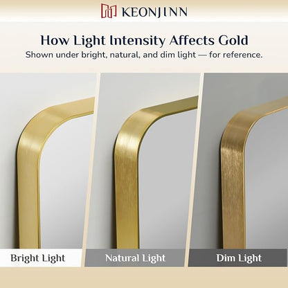 Keonjinn 24 x 30 Inch Gold Bathroom Mirrors for Over Sink, Tempered Glass | Brushed Finish, Brass Vanity Mirror, Anti-Rust Aluminum Frame, Rounded Rectangle, French Cleat Mount, Ideal for Home Décor
