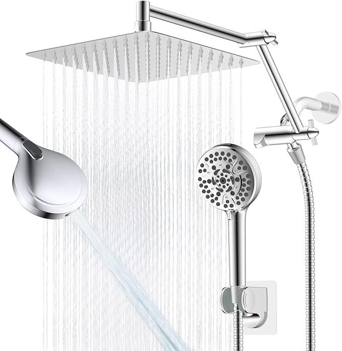 Metal 10" Rain Shower Head with Handheld, High-Pressure Showerhead,10-Mode | Chrome, Rainfall Shower Head with 5" Large Handheld Spray, Adjustable 16" Shower Extension Arm/71" Hose, Brass 3-Way Diverter