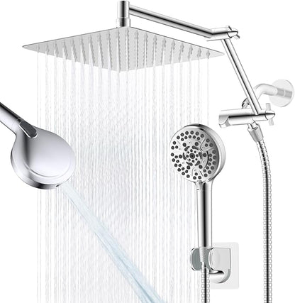Metal 10" Rain Shower Head with Handheld, High-Pressure Showerhead,10-Mode | Chrome, Rainfall Shower Head with 5" Large Handheld Spray, Adjustable 16" Shower Extension Arm/71" Hose, Brass 3-Way Diverter