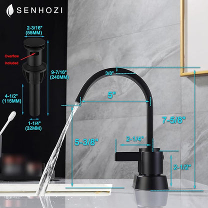 Matte Black Bathroom Faucets for Sink 3 Hole, 4 Inch Centerset Waterfall Faucet Bathroom Sink Faucet with Pop-up Drain and 2 Supply Hose, SUS304 2 Handle Faucet for Bathroom Sink, SE-0048-BK