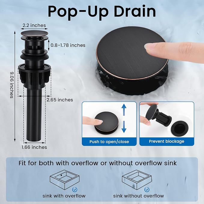 Pull-Down Bathroom Faucet 3 Hole 8 Inch with Pop-Up Drain,Oil Rubbed Bronze | 360° Swivel Spoutr & Dual Modes,8" Widespread 2-Handle, Pop-Up Drain & 10-Min Install for 3-Hole Bathroom Sink Faucets.