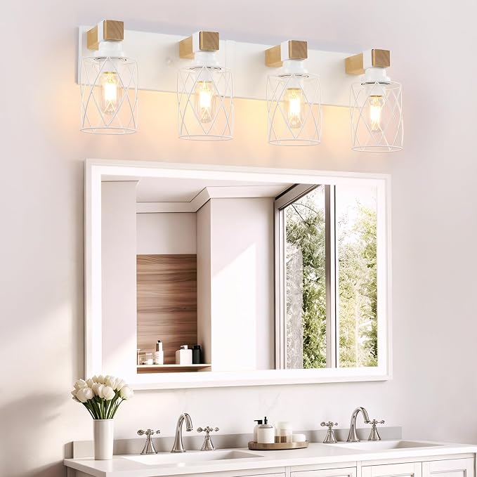 Farmhouse 4-Light Wood Bathroom Vanity Light, White Metal Cage Shade