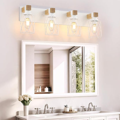 Farmhouse 4-Light Wood Bathroom Vanity Light, White Metal Cage Shade