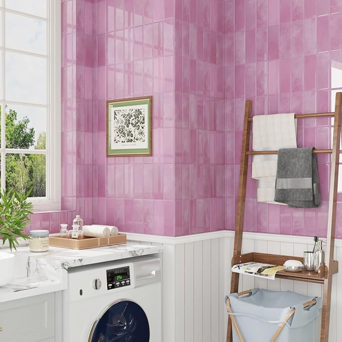 CRE8TIVE 16 Sheets Pink Straight Linear Backsplash Tile for Kitchen Peel and Stick Backsplash for Bathroom Shower Tile Waterproof Renter Friendly Back Splash Stick on Wall Tiles for Fireplace 12"x12"