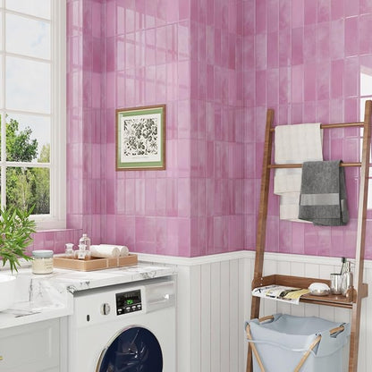 CRE8TIVE 16 Sheets Pink Straight Linear Backsplash Tile for Kitchen Peel and Stick Backsplash for Bathroom Shower Tile Waterproof Renter Friendly Back Splash Stick on Wall Tiles for Fireplace 12"x12"