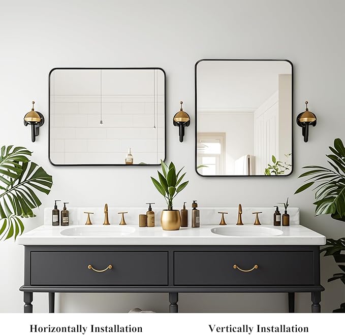 Fabuday Black Bathroom Vanity Mirror - 28x32 Inch Wall Mounted Mirror for Over Sink, Matte Metal Framed Mirrors, Rounded Rectangle Design, Horizontal or Vertical Hanging