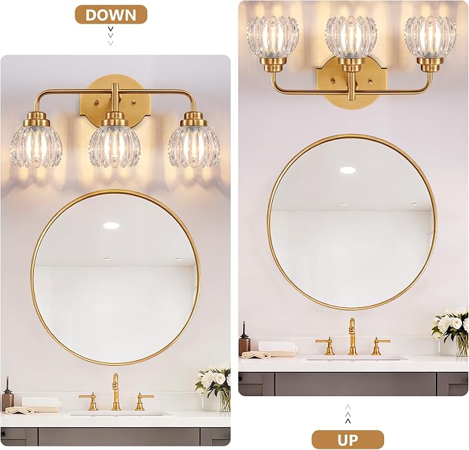 Vintage Bathroom Vanity Light, 3 Light Brushed Gold Fixture Over Mirror | Vintage Vanity Light, Brushed Gold Metal & Crystal Glass Shade, 3 Light Fixture Over Mirror for Bathroom Bedroom