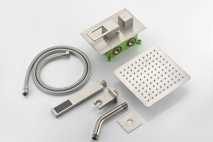 SUMERAIN Bathroom Shower Faucet System Brushed Nickel | Brass Rough-in Valve Included, 8" Stainless Steel Rain Shower Head, Brass Hand Shower, Hand Shower, Concealed Box Design