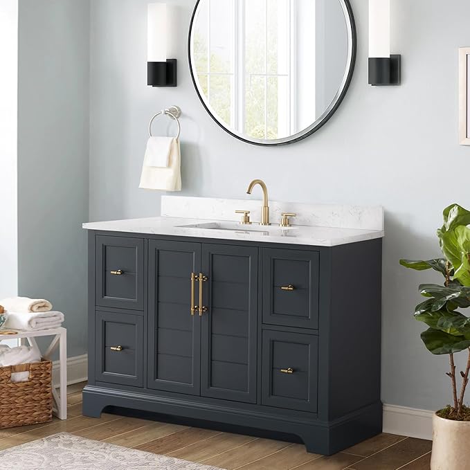 Vanity Art 48 Inch Single Sink Bathroom Vanity with Stone Top | Undermount Rectangular Sink Cabinet Soft Closing Doors, Dovetailed Drawers, No Mirror VA5048-VSB