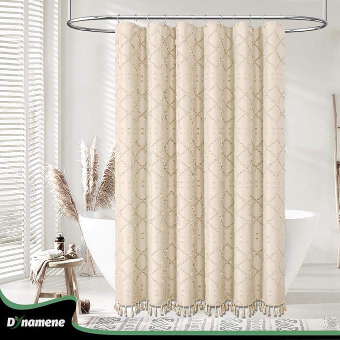 Long Boho Farmhouse Shower Curtain Tufted Geometric 72"x78" Beige | 78 Inch Tall, Elegant Tassel, Lightweight Textured Fabric, Water Repellent, Washable, Hotel Spa, for Bathroom/Dorm 12 Hooks