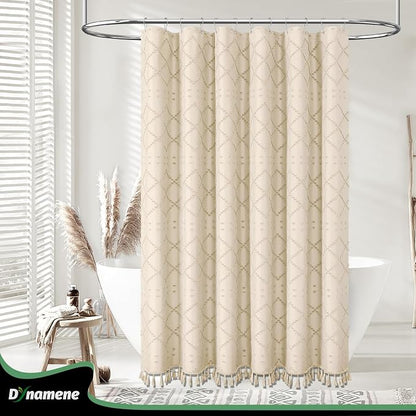 Boho Farmhouse Fabric Shower Curtain Tufted Geometric 72x72 Beige | Elegant Tassel, Soft Lightweight Textured Fabric, Water Repellent, Washable, Hotel Spa, for Bathroom/Dorm/Apartment 12 Hooks