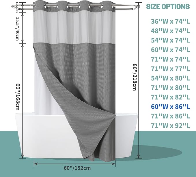 eachope No Hook Waffle Shower Curtain with Snap-in Liner, 60x86 Inch, Grey | 230GSM waffle weave fabric, waterproof liner set with 2 bottom magnets, mesh window, washable, for shower stalls or bathrooms