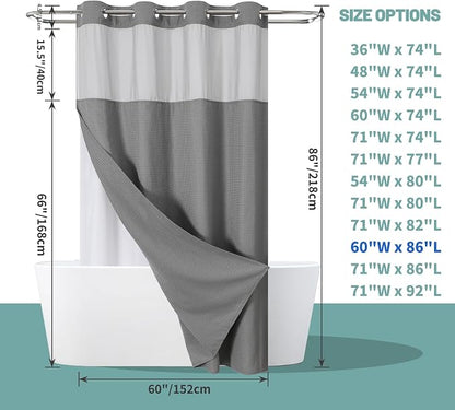 eachope No Hook Waffle Shower Curtain with Snap-in Liner, 60x86 Inch, Grey | 230GSM waffle weave fabric, waterproof liner set with 2 bottom magnets, mesh window, washable, for shower stalls or bathrooms