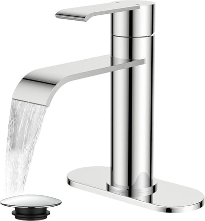 FORIOUS Waterfall Chrome Bathroom Faucet 1 Hole Rv Bathroom Sink Faucet Set | Single Handle Waterfall Bathroom Faucet Single Hole, Polished Chrome Faucet for Bathroom Sink One Hole with Plate and Drain