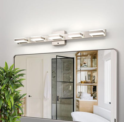 mirrea 32" 5 Light 3CCT LED Brushed Nickel Bathroom Vanity Light Fixture | Over Mirror,Bathroom Lighting,3000K/4000K/5000K ,Dimmable,Rust-resistant,Moisture-resistant,Acrylic shade,Wall Mount