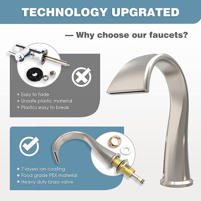 Bathroom Faucets 3 Hole Bathroom Sink Faucet with Pop Up Drain and Water Supply Hoses 8 Inch Waterfall Bathroom Faucet Two Handles for Vanity,Lavatory,Restroom,Commercial,Brushed Nickel